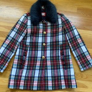 Beautiful plaid coat with fur trim.